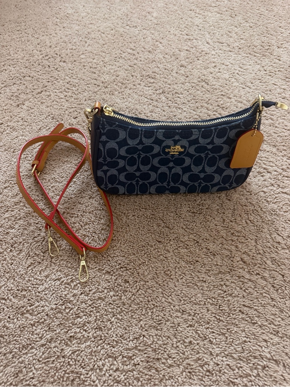 Coach Navy Signature Canvas Crossbody with Tan and Red Trim